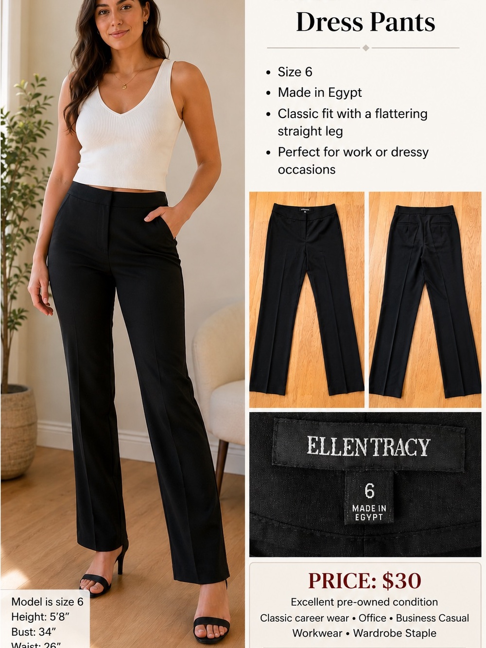 Ellen Tracy Black Straight-Leg Dress Trousers